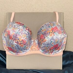 Victoria's Secret plunge Floral Print Bra with peach lace  Accents 36D